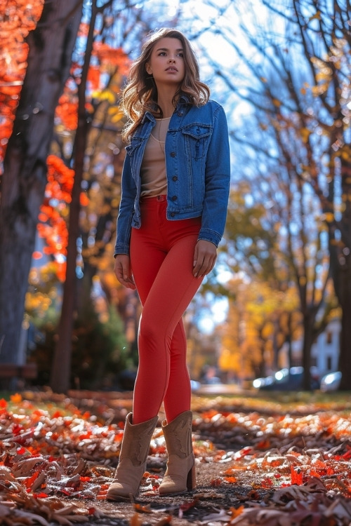 a woman wears red leggings, a beige top, brown cowboy boots with a denim jacket