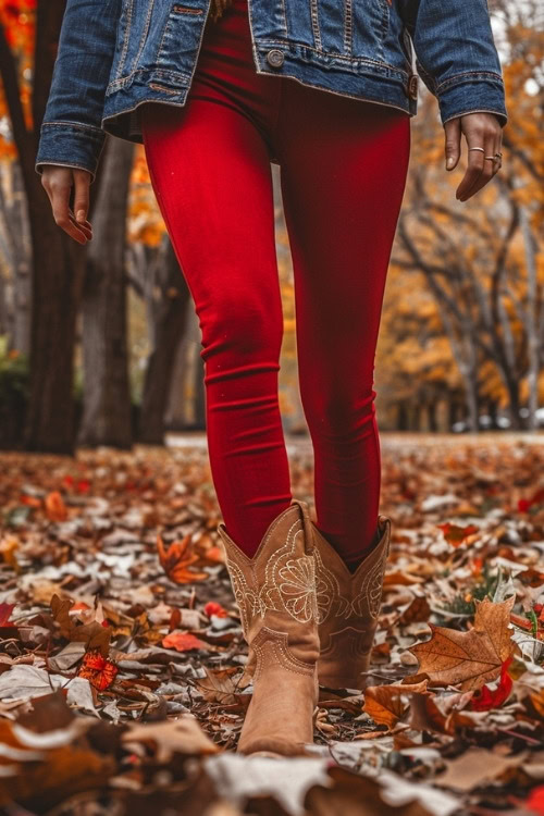a woman wears red leggings, brown cowboy boots with a denim jacket