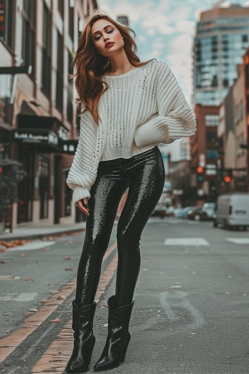 a woman wears sparkly leggings, black cowboy boots with a sweater