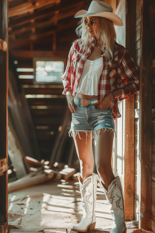 a woman wears white cowboy boots, a plaid shirt and denim shorts