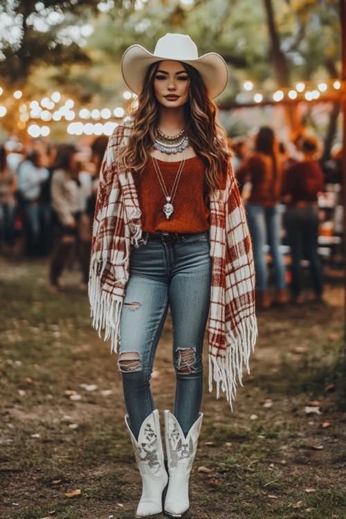 woman in a stylish Western outfit with white cowboy boots, ripped jeans, rust-colored top, layered necklaces, plaid shawl, and white hat