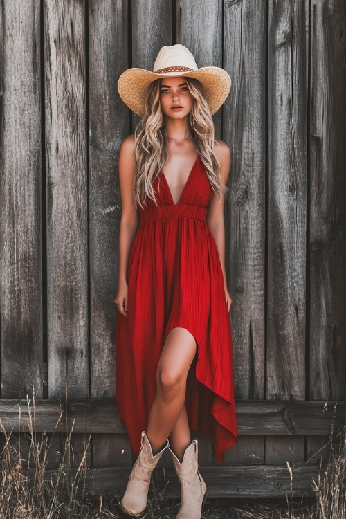 A fashionable guest in a deep red sleeveless midi dress, beige cowboy boots, and a straw hat, posing in front of a rustic wooden fence