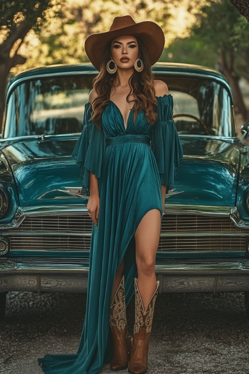 A fashionable guest in a teal maxi dress with flutter sleeves, brown cowboy boots, and gold hoop earrings