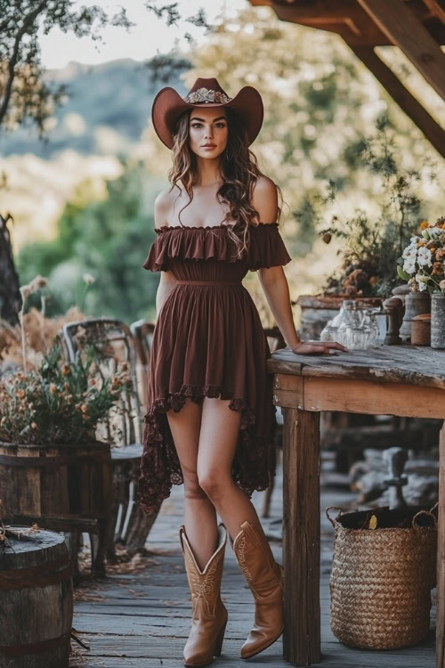 A guest in a chocolate brown off-shoulder midi dress, tan cowboy boots, and a stylish headband, standing next to a rustic wooden reception table