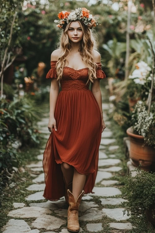 A guest in a cinnamon red off-shoulder maxi dress, beige cowboy boots, and a floral headband