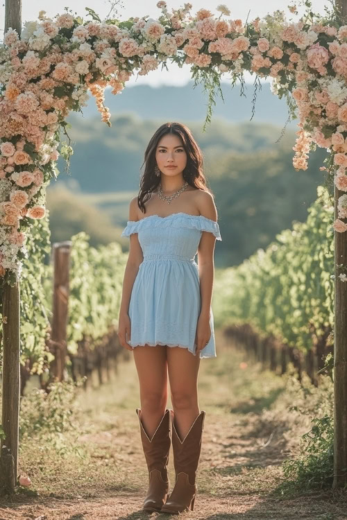 A guest in a pastel blue off-shoulder dress, brown knee-high cowboy boots, and a dainty necklace