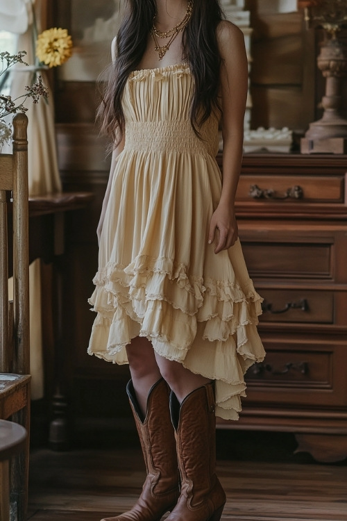 A guest wearing a soft yellow ruffled midi dress, brown cowboy boots, and delicate gold jewelry, standing near a wooden reception area