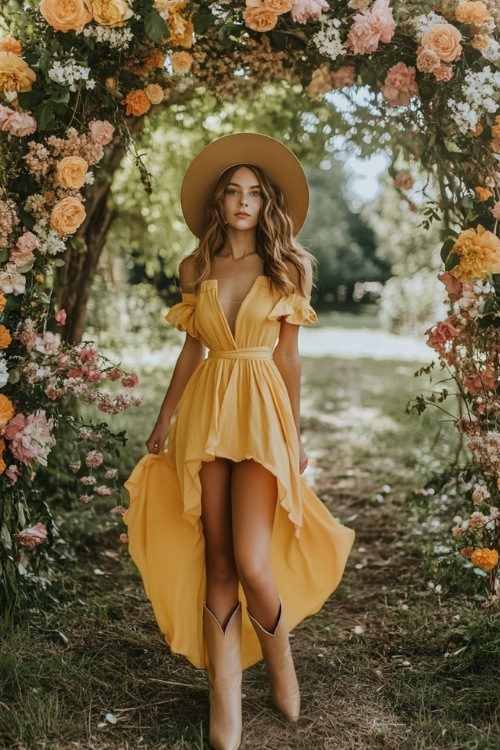 A guest wearing a sunny yellow sleeveless wrap dress, beige cowboy boots, and a sun hat