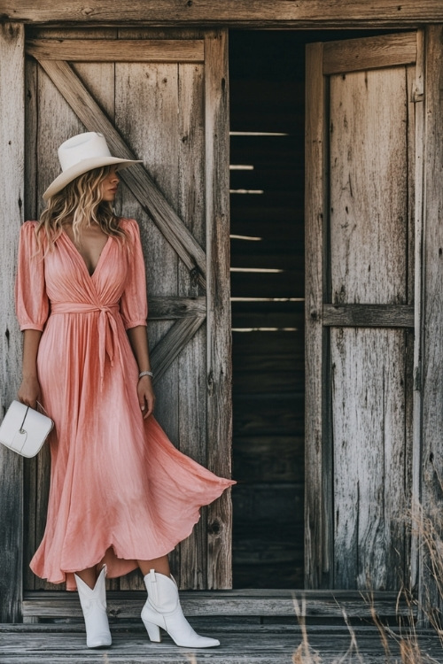 A modern yet elegant outfit featuring a rose pink wrap-style maxi dress, white cowboy boots, and a simple clutch