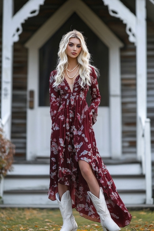 A stylish guest in a burgundy long-sleeve floral maxi dress, white cowboy boots, and a pearl necklace