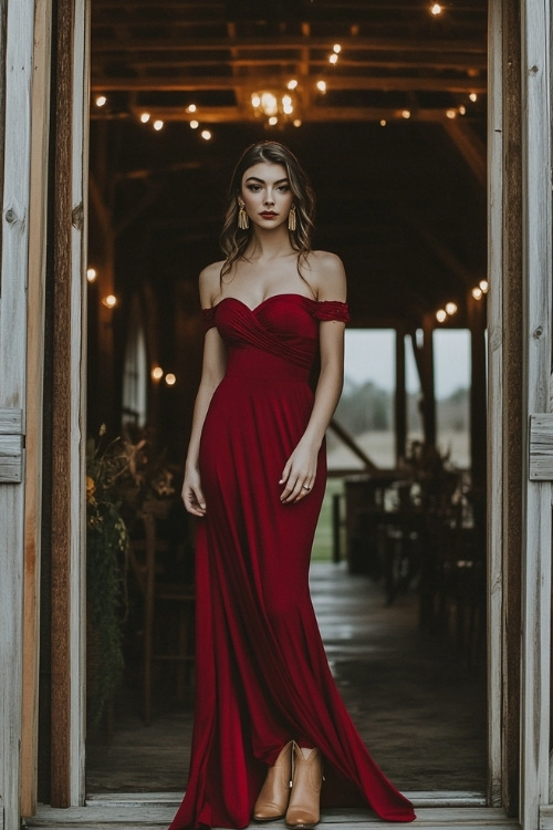 A stylish guest in a deep red off-shoulder maxi dress, tan cowboy boots, and gold earrings, posing in front of a barn reception