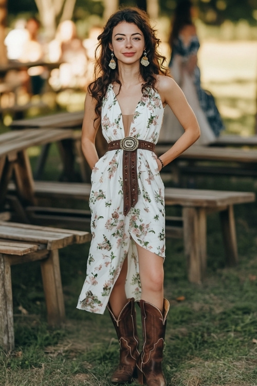 A stylish guest in a tiered maxi dress, brown cowboy boots, and a statement belt, standing near wooden benches at a countryside wedding (2)