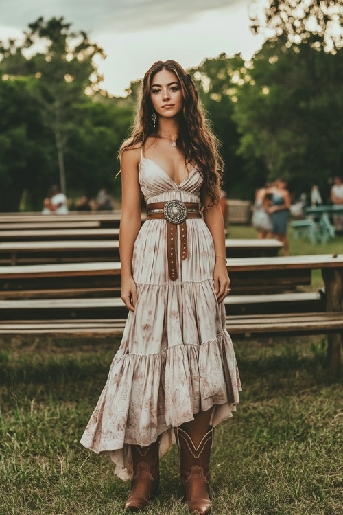 A stylish guest in a tiered maxi dress, brown cowboy boots, and a statement belt, standing near wooden benches at a countryside wedding