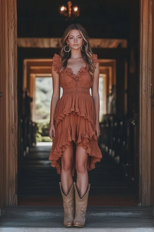 A stylish wedding guest in a burnt sienna ruffled maxi dress, beige cowboy boots, and hoop earrings