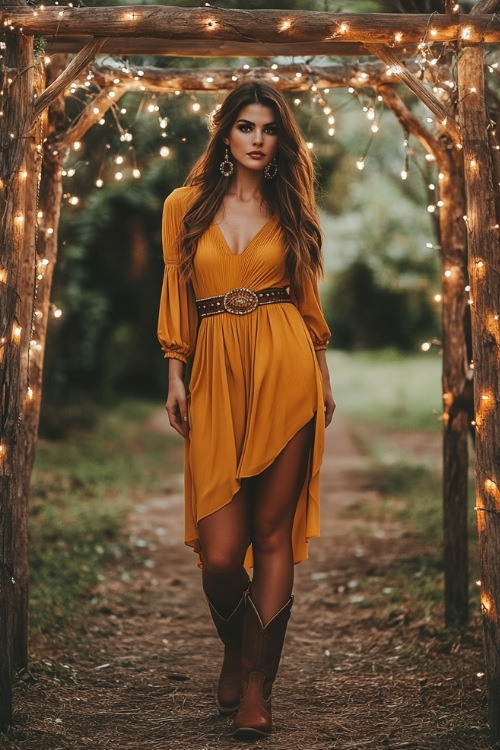 A stylish woman wearing a mustard yellow wrap dress, brown cowboy boots, and a boho-style belt