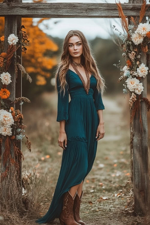 A wedding guest in a dark teal flowy maxi dress, brown cowboy boots, and a layered necklace, standing beside a floral-decorated wooden arch (2)