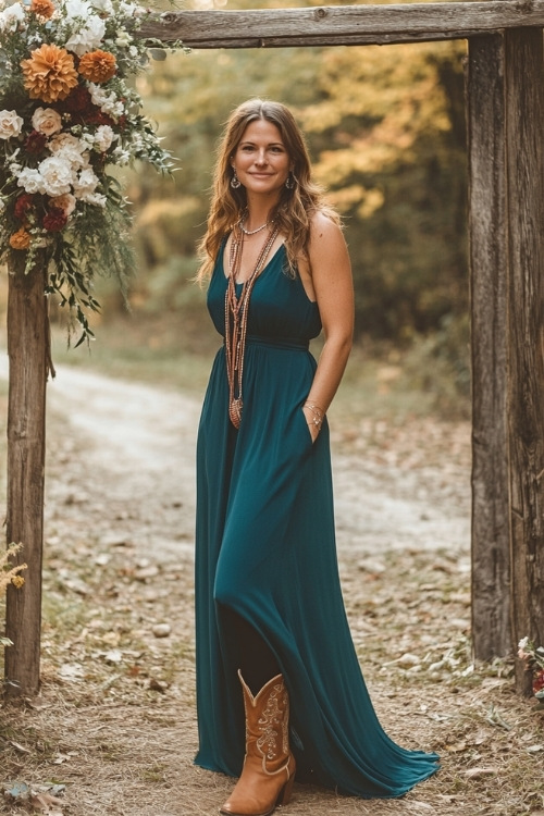 A wedding guest in a dark teal flowy maxi dress, brown cowboy boots, and a layered necklace, standing beside a floral-decorated wooden arch