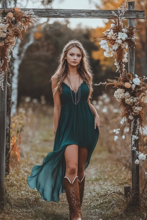 A wedding guest in a dark teal flowy maxi dress, brown cowboy boots, and a layered necklace