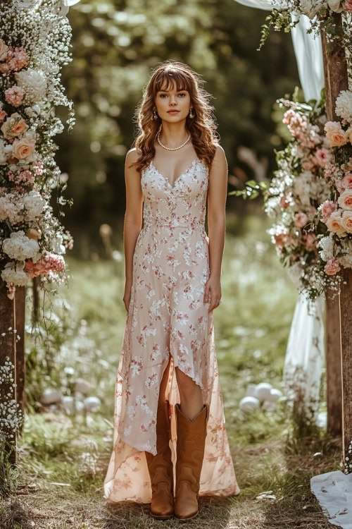 A wedding guest in a light pink floral maxi dress, tan cowboy boots, and a simple pearl necklace