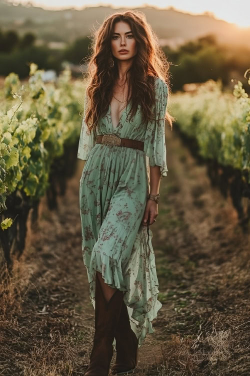 A wedding guest in a pastel green boho maxi dress, brown cowboy boots, and a belt, standing in a vineyard at sunset (