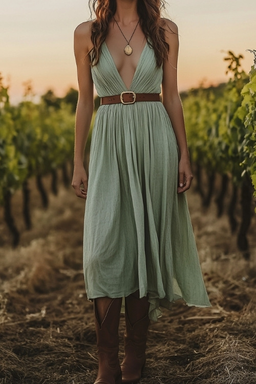 A wedding guest in a pastel green boho maxi dress, brown cowboy boots, and a belt, standing in a vineyard at sunset