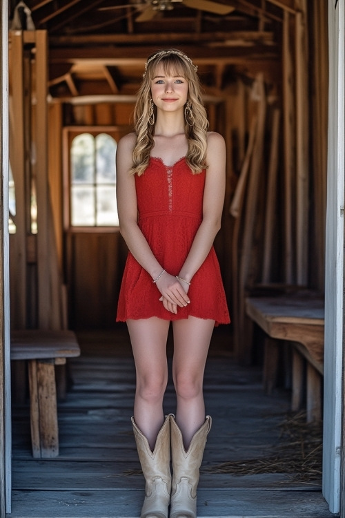 A wedding guest in a rosy red knee-length dress, beige cowboy boots, and a delicate bracelet (2)