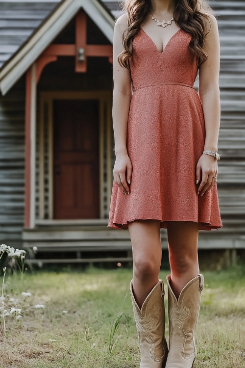 A wedding guest in a rosy red knee-length dress, beige cowboy boots, and a delicate bracelet