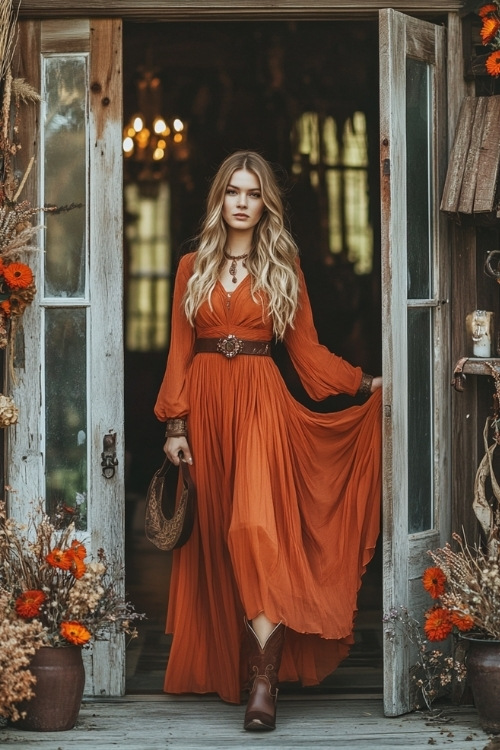 A wedding guest in a rust orange chiffon maxi dress, brown cowboy boots, and a leather belt, posing near a decorated barn entrance