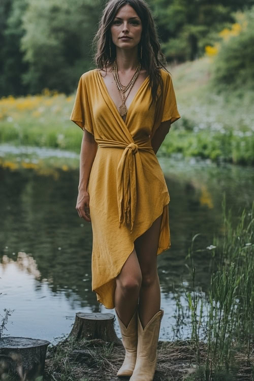 A wedding guest wearing a mustard yellow wrap dress, beige cowboy boots, and a layered necklace