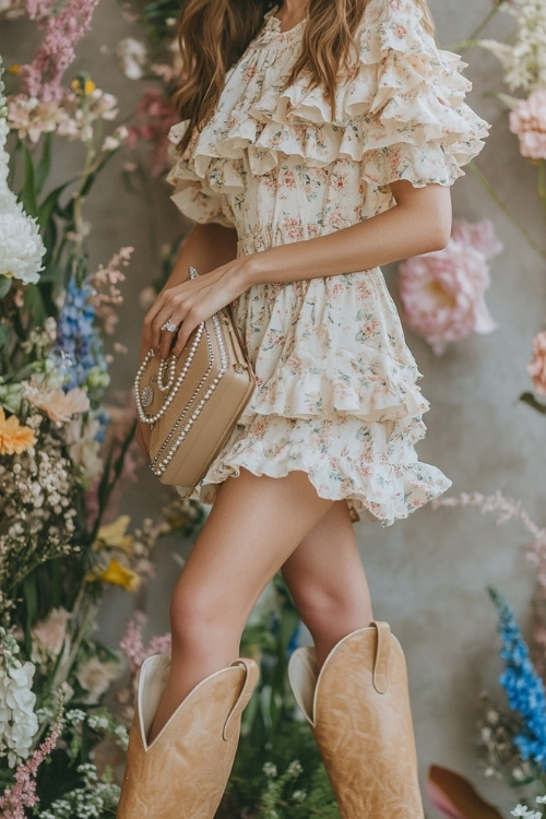 A wedding guest wearing a ruffled midi dress with a floral pattern, tan knee-high cowboy boots, and a pearl clutch