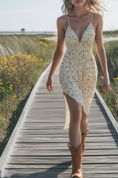 A wedding guest wearing a strappy sundress, tan cowboy boots, and gold hoop earrings, walking along a wooden boardwalk at a beachfront wedding (2)