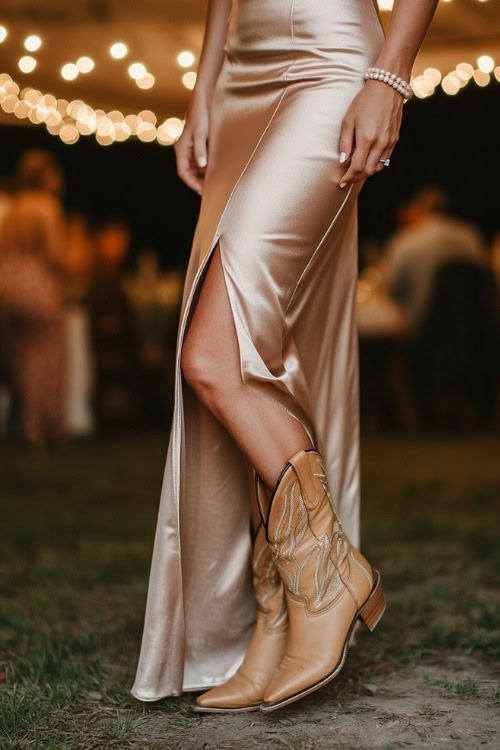 A wedding guest wearing an elegant satin maxi dress with a slit, tan cowboy boots, and pearl earrings