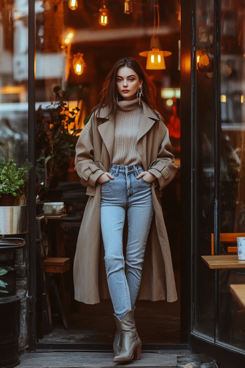 A woman dressed in mid-rise cropped jeans and distressed gray short cowboy boots, paired with a chunky sweater and a long wool trench coat