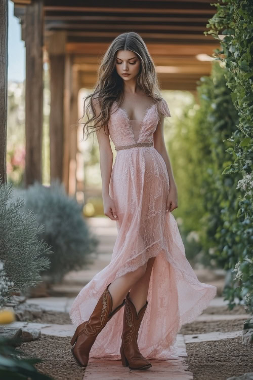 A woman in a blush pink long dress and brown cowboy boots, standing gracefully in a garden wedding venue