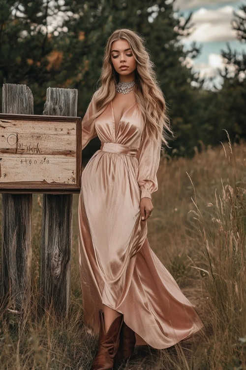 A woman in a blush pink satin maxi dress, brown cowboy boots, and delicate silver jewelry, posing beside a vintage wooden wedding sign