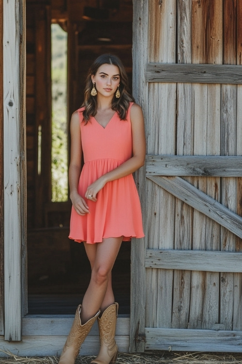 A woman in a bright coral midi dress, tan cowboy boots, and gold earrings, standing near a rustic wooden barn at a summer wedding 