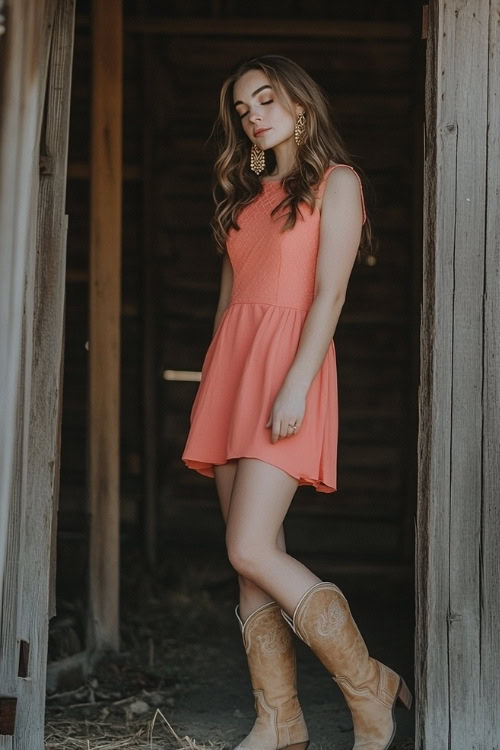 A woman in a bright coral midi dress, tan cowboy boots, and gold earrings, standing near a rustic wooden barn at a summer wedding