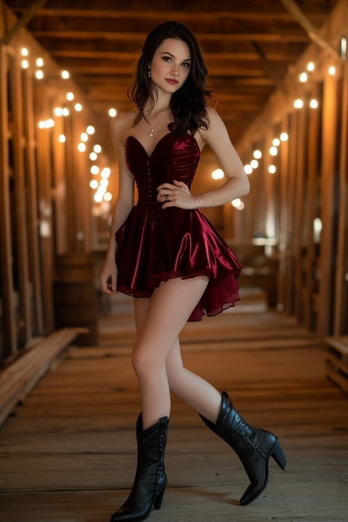 A woman in a deep red cocktail dress, black cowboy boots, and a clutch, posing at a candlelit barn wedding reception