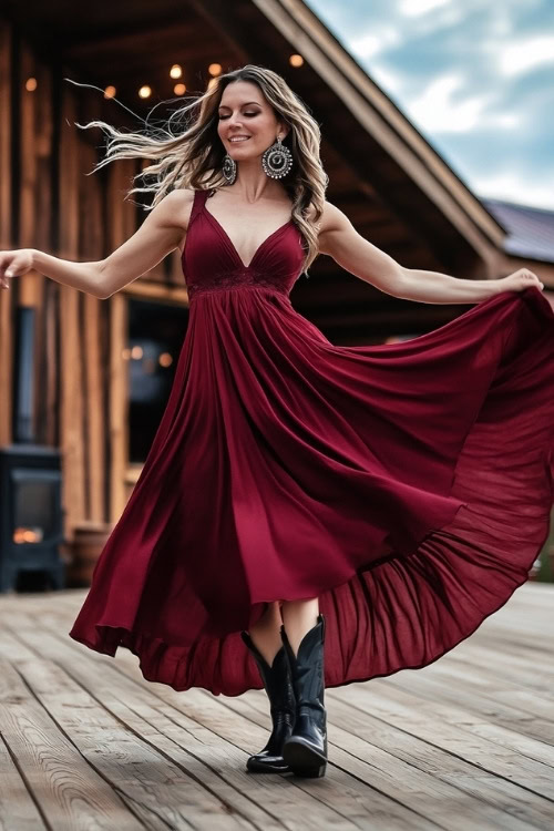 A woman in a deep red maxi dress, black cowboy boots, and statement earrings, twirling on a wooden dance floor at an outdoor country wedding