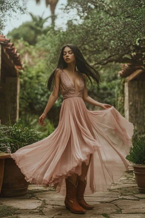 A woman in a flowing blush pink long dress and brown cowboy boots, standing gracefully in a garden wedding venue