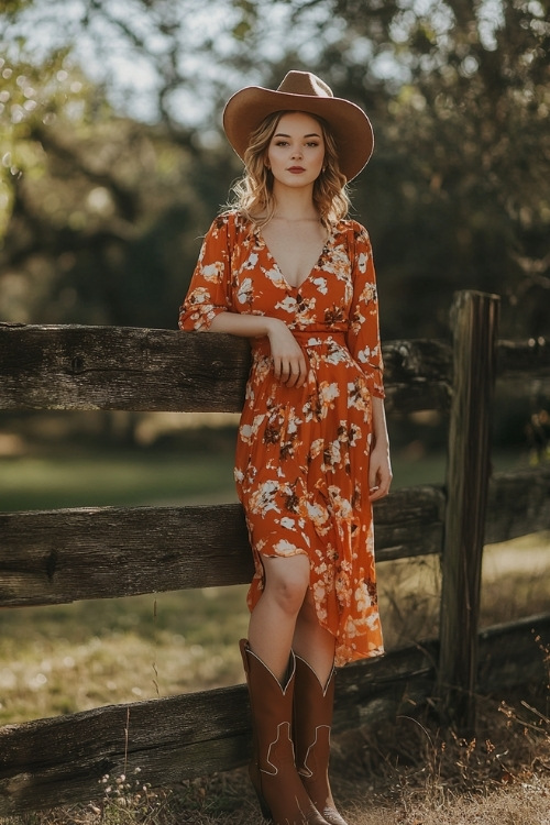 A woman in a rust orange floral dress, brown cowboy boots, and a felt hat, standing near a rustic wooden fence at a country wedding (2)