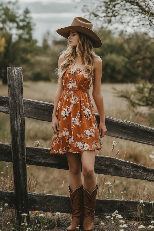 A woman in a rust orange floral dress, brown cowboy boots, and a felt hat, standing near a rustic wooden fence at a country wedding