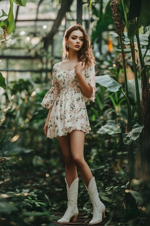 A woman in a soft floral midi dress and white cowboy boots, posing in a garden wedding venue with lush greenery (2)