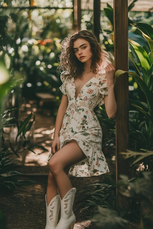 A woman in a soft floral midi dress and white cowboy boots, posing in a garden wedding venue with lush greenery