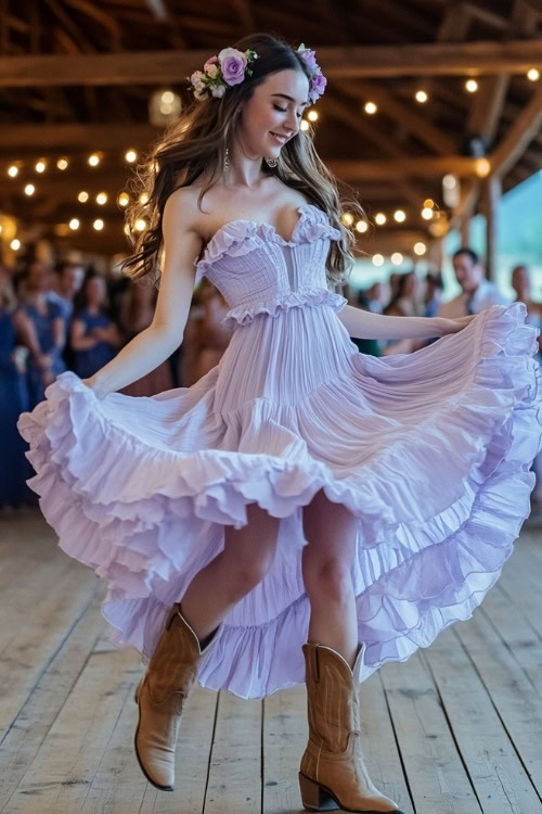 A woman in a soft lilac ruffle dress, tan cowboy boots, and floral hair accessories, twirling on a wooden dance floor at a summer wedding