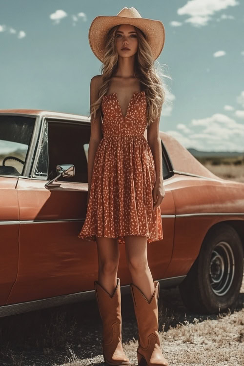 A woman in a terracotta midi dress, knee-high tan cowboy boots, and a floppy sun hat, standing beside a vintage wedding car