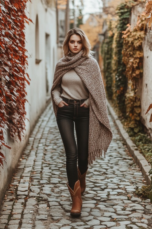 A woman in ankle-length black jeans and short brown cowboy boots, wearing a fitted turtleneck and a cozy wool shawl wrapped around her shoulders