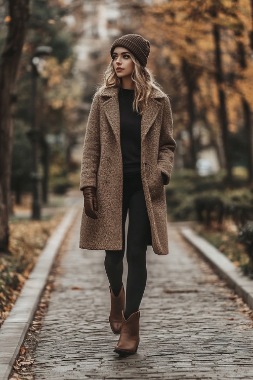 A woman in black leggings and brown suede short cowboy boots, styled with a thick wool coat in a warm, neutral tone, accessorized with a knitted beanie and leather gloves