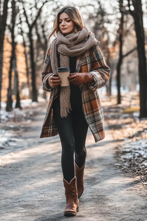 A woman in black leggings paired with brown suede short cowboy boots, wearing an oversized plaid coat, a thick knitted scarf, and leather gloves