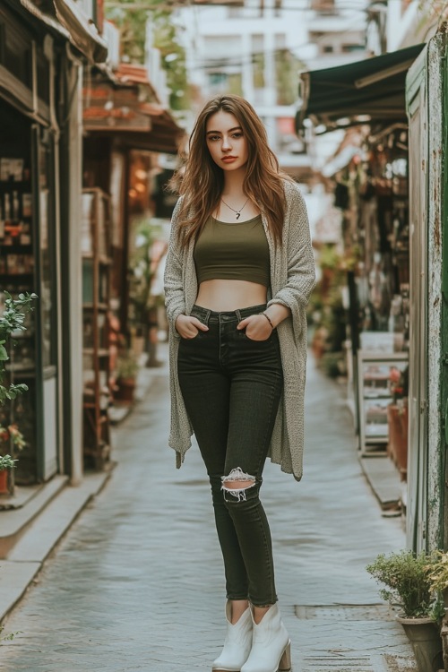 A woman in black skinny jeans with a slight crop, pairing them with white short cowboy boots, a fitted olive green tank top, and a long cardigan,